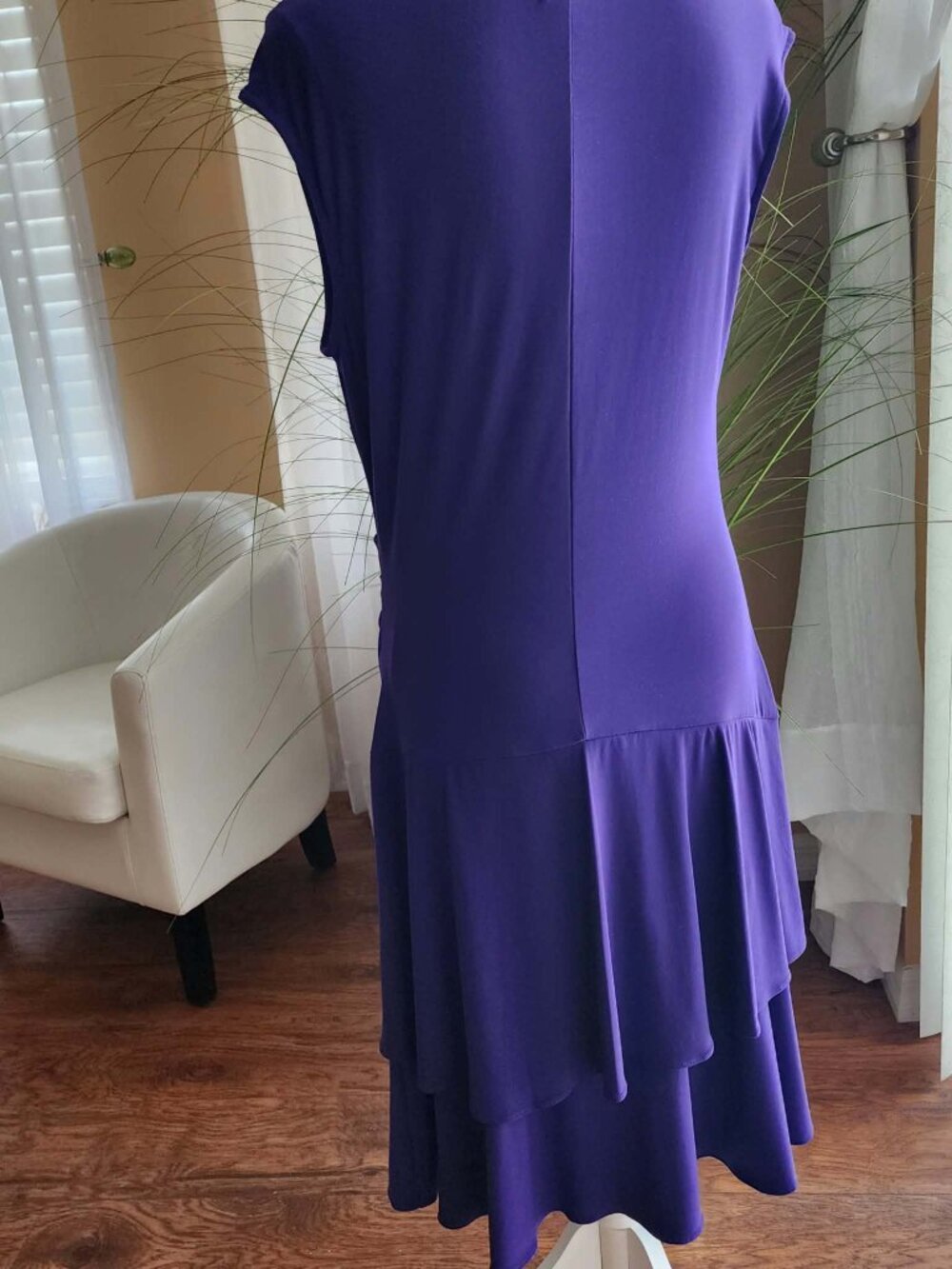 American Living Purple Ruffle Midi Dress Size 12 Ruched Flattering Fit - Picture 6 of 10